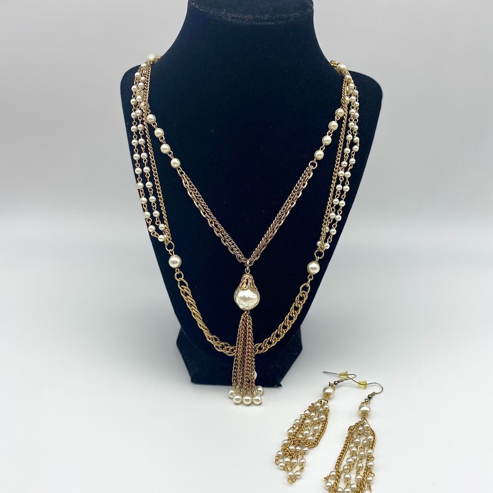 Vintage Gold Necklace and Earring Set - Beaded Pearls - Gold Chains